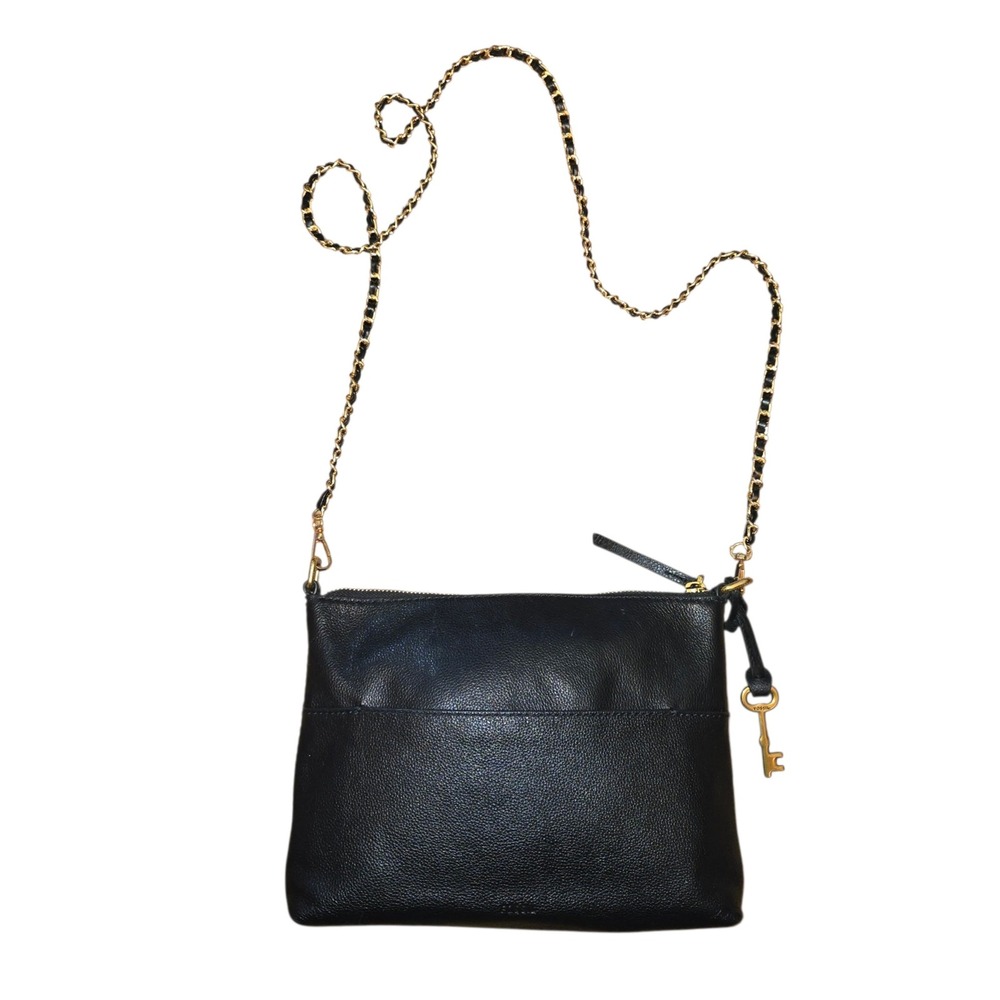 Fossil Fiona Crossbody Women Med Black Pebbled Leather ZB7266 Chain Strap READ